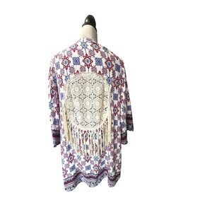 Onetheland Womens Boho Medallion Print Crochet Lace Fringe Kimono Cardigan‎ L